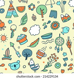 Vector seamless cute tribal pattern for baby with funny elements,koala,wigwam,trees, leaves and arrows