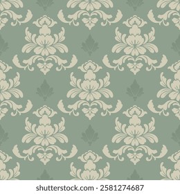 Vector seamless damask pattern with baroque elements. Ornamental repetitive design for wallpapers, blinds, curtains, upholstery, bedding, slipcover, packaging.