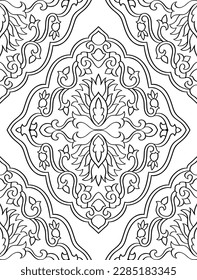 Patrón de damasco sin costuras del vector. Fondo sencillo blanco y negro. Ornamento medieval con elementos estilizados. Plantilla de contorno para papel pintado, textil, página de libro de colorantes, alfombra.