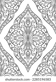 Vector seamless damask pattern. Black and white simple background.Contour ornament with stylized elements. Template for wallpaper, textile, coloring book page, carpet.