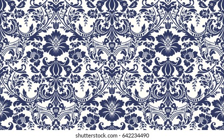 Vector seamless damask pattern. Blue and ivory image. Rich ornament, old Damascus style pattern for wallpapers, textile, scrapbooking etc.