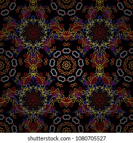 Vector seamless damask pattern, classic wallpaper, background. Ornamental border in blue, yellow and red colors on a black background.