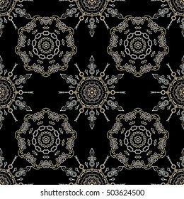 Vector seamless damask pattern, classic wallpaper, background. Ornamental border in beige colors on a black background.
