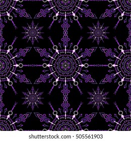 Vector seamless damask pattern, classic wallpaper, background. Ornamental border in violet colors on a black background.
