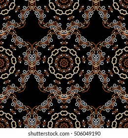 Vector seamless damask pattern, classic wallpaper, background. Ornamental border in beige colors on a black background.