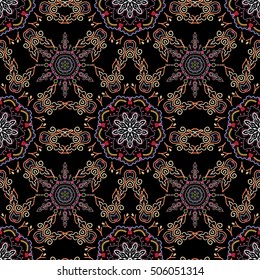Vector seamless damask pattern, classic wallpaper, background. Ornamental border in brown and red colors on a black background.
