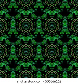 Vector seamless damask pattern, classic wallpaper, background. Ornamental border in green colors on a black background.