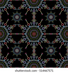 Vector seamless damask pattern, classic wallpaper, background. Ornamental border in gray, yellow and neutral colors on a black background.