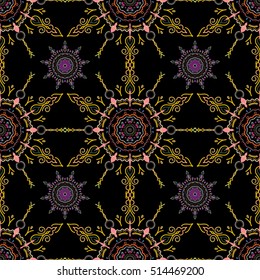 Vector seamless damask pattern, classic wallpaper, background. Ornamental border in beige, blue and neutral colors on a black background.