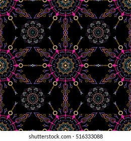 Vector seamless damask pattern, classic wallpaper, background. Ornamental border in neutral, blue and green colors on a black background.