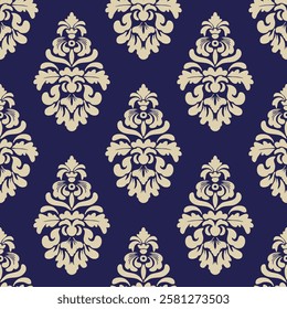 Vector seamless damask pattern with floral baroque elements. Repetitive vintage design for wallpapers, fabric, textile, upholstery, curtains, slipcover, blinds, packaging, bedding