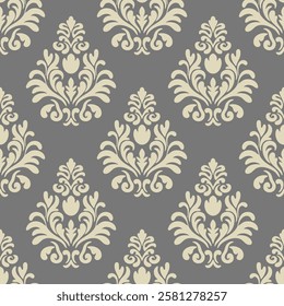 Vector seamless damask pattern with floral baroque elements. Repetitive ornament design for wallpapers, fabric, textile, upholstery, curtains, slipcover, blinds, packaging, bedding