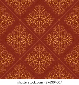 Vector. Seamless damask pattern. Golden red. Fabric swatch.