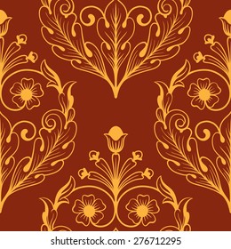 Vector. Seamless damask pattern. Golden red. Fabric swatch.