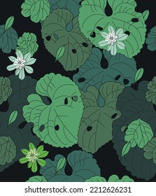 El fondo oscuro del vector es transparente. Dibujo de hojas tropicales y flores. Decoración para postales, embalaje, papel, cuadernos, telas