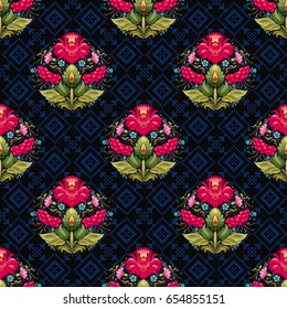 Vector seamless dark background. Floral ukrainian pattern in the style of Petrykivka painting and pattern similar to cross stitch.