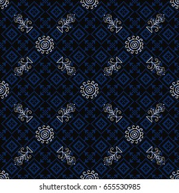 Vector seamless dark background. Square pattern with the slavic symbols of the sun and the tree of life. Backdrop pattern similar to cross stitch.