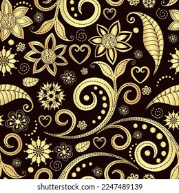 Vector seamless dark brown floral valentine pattern with gold lace vintage curls and flowers