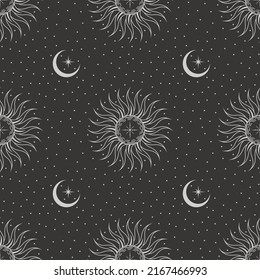 Vector seamless dark celestial pattern with ornate shiny suns, stars and crescents with beams on a black. Esoteric mystical background for wrapping paper, packaging, fabric and wallpaper