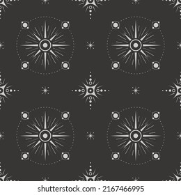 Vector seamless dark celestial pattern with different ornate shiny stars on a black. Linear esoteric mystical background for wrapping paper, packaging, fabric and wallpaper
