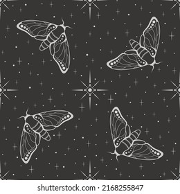 Vector seamless dark celestial pattern with stars and moth on a black. Butterfly illustration. Esoteric mystical background with a gray insect for wrapping paper, packaging, fabric and wallpaper