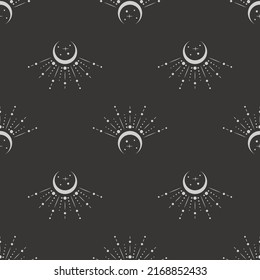 Vector seamless dark celestial pattern with crescents, beams and stars on a black. Esoteric mystical background for wrapping paper, packaging, fabric and wallpaper