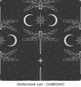 Vector seamless dark celestial pattern with different stars, crescent and dragonfly on a black. Insect illustration. Esoteric mystical background for wrapping paper, packaging, fabric and wallpaper