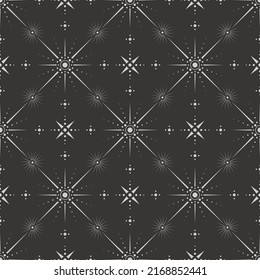 Vector seamless dark celestial pattern with different stars on a black. Esoteric mystical ornate background for wrapping paper, packaging, fabric and wallpaper