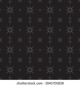 Vector seamless dark mystical pattern with magic stars and moons. Black geometric esoteric boho background with crescents for wrapping paper, packaging, fabric and wallpaper