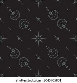 Vector seamless dark mystical pattern with magic stars and moons. Black diagonal esoteric boho background with crescents for wrapping paper, packaging, fabric and wallpaper