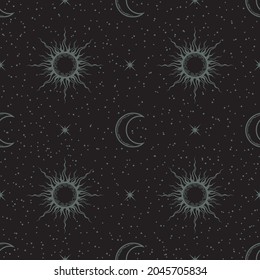 Vector seamless dark mystical pattern with magic sun, moon and stars. Black esoteric boho background with crescents and solar eclipse for wrapping paper, packaging, fabric and wallpaper