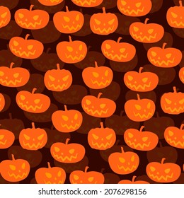 Vector seamless dark pattern with cartoon spooky pumpkins. Halloween background.