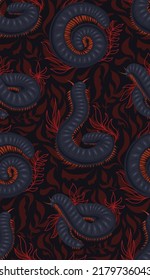 Vector seamless dark pattern with centipedes with foliage and stems on gray background. Texture with a julida and foliage. Fabric with millipede insect. Wallpaper with insect with a chitinous shell.