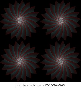 Vector seamless dark pattern of overlapping gradient curved stripes on a black background.