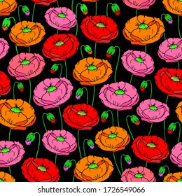 Vector seamless dark pattern with poppies flowers