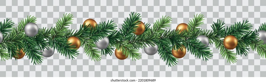 Vector seamless decorative border with green branches and christmas baubles isolated on transparent background