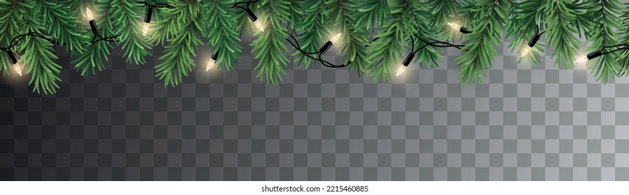 Vector seamless decorative christmas garland with coniferous branches and glowing light chain on transparent background