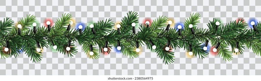 Vector seamless decorative christmas garland with coniferous branches and glowing colorful light chain on transparent background