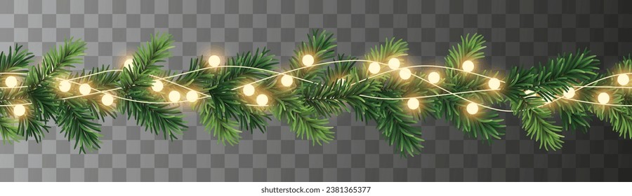Vector seamless decorative christmas garland with coniferous branches and glowing light chain on transparent background