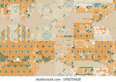 Vector Seamless Decorative Ethnic luxury Kilim seam patrón. Motivos florales y geo nativos de japón. Antecedentes con el ornamento tribal, Imprimir para moda, textil, papel y cubierta. Ilustración dibujada por mano