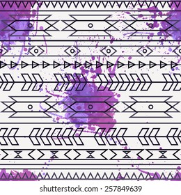 Vector seamless decorative ethnic pattern with watercolor splash