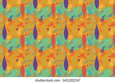 Vector seamless decorative floral background with pattern of various leaves and branches in bright color ornament for textile, kerchief, pillow or handbag decor. Bohemian handmade style. Floral print 