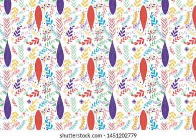 Vector seamless decorative floral background with pattern of various leaves and branches in bright color ornament for textile, kerchief, pillow or handbag decor. Bohemian handmade style. Floral print 