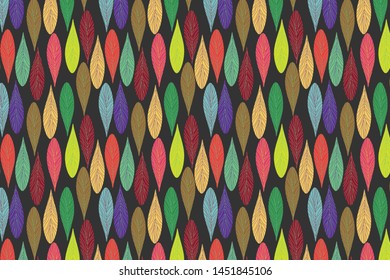 Vector seamless decorative floral background with pattern of various leaves and branches in bright color ornament for textile, kerchief, pillow or handbag decor. Bohemian handmade style. Floral print 