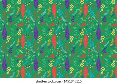 Vector seamless decorative floral background with pattern of various leaves and branches in bright color ornament for textile, kerchief, pillow or handbag decor. Bohemian handmade style. Floral print 