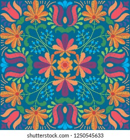 Vector seamless decorative floral embroidery pattern, ornament for textile, kerchief, pillow or handbag decor. Bohemian handmade style background design.