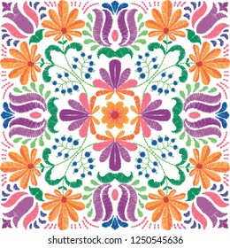 Vector seamless decorative floral embroidery pattern, ornament for textile, kerchief, pillow or handbag decor. Bohemian handmade style background design.