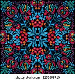 Vector seamless decorative floral embroidery pattern, ornament for textile, kerchief, pillow or handbag decor. Bohemian handmade style background design.