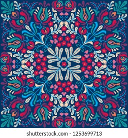 Vector seamless decorative floral embroidery pattern, ornament for textile, kerchief, pillow or handbag decor. Bohemian handmade style background design.