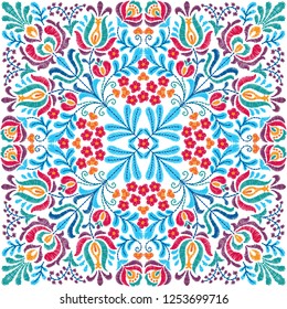 Vector seamless decorative floral embroidery pattern, ornament for textile, kerchief, pillow or handbag decor. Bohemian handmade style background design.